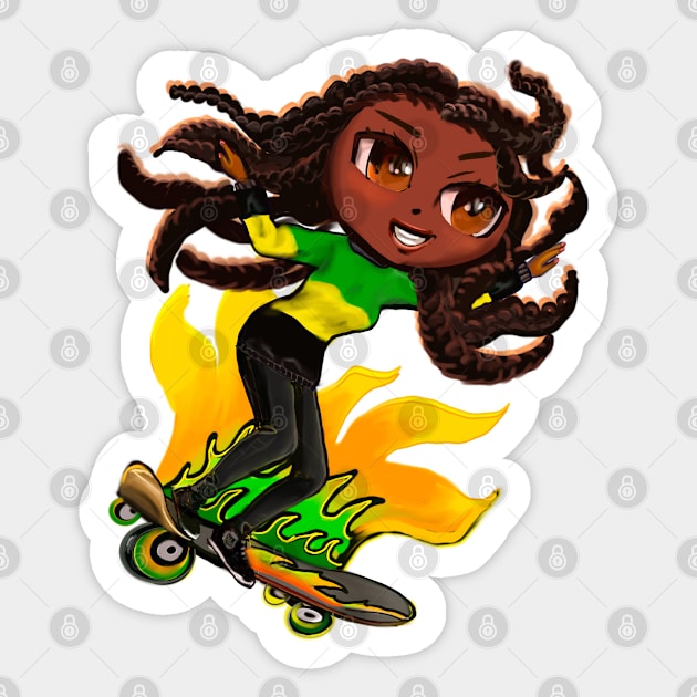 Jamaica jumper women skateboarding girl manga anime girl Jamaican girl on skateboard wearing jumper with colours of Jamaican flag black green and yellow women Sticker by Artonmytee